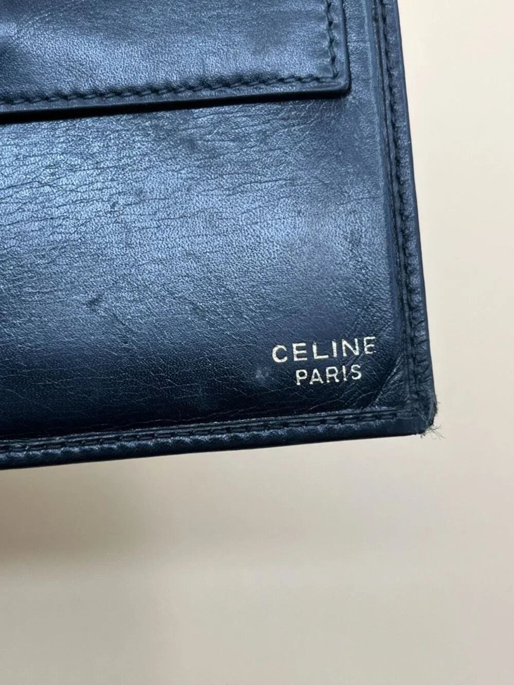 Celine Paris Black Leather Bifold Wallet Embossed Blason Logo Metal Corner Caps